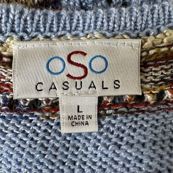 OSO Casuals Boho Crochet Sleeveless Long Vest Sz L Blue Multicolor Fringe Hippie - Picture 5 of 14